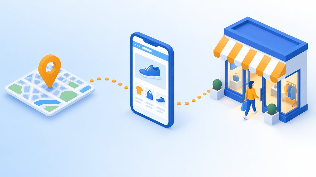 地図のピンからスマートフォンの店舗サイトを経て来店するお客様のイラスト