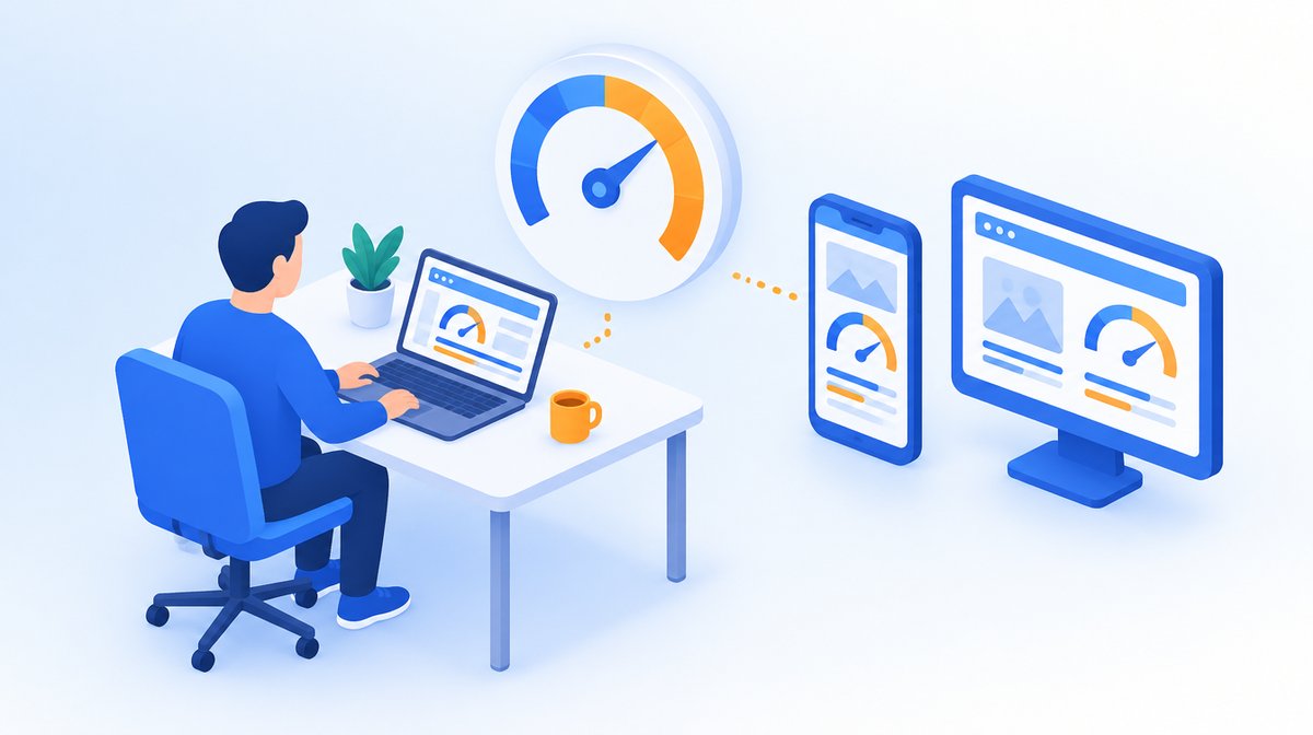 ノートパソコンで表示速度を測定し、スマートフォンとパソコンの結果を比べるイラスト