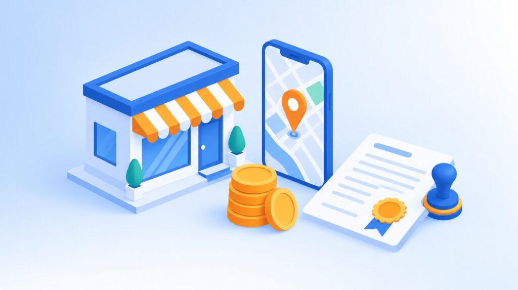 店舗とスマートフォンの地図、コインと押印された書類が並ぶ補助金活用のイメージイラスト