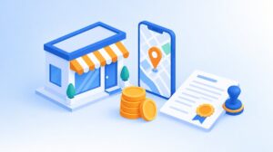 店舗とスマートフォンの地図、コインと押印された書類が並ぶ補助金活用のイメージイラスト