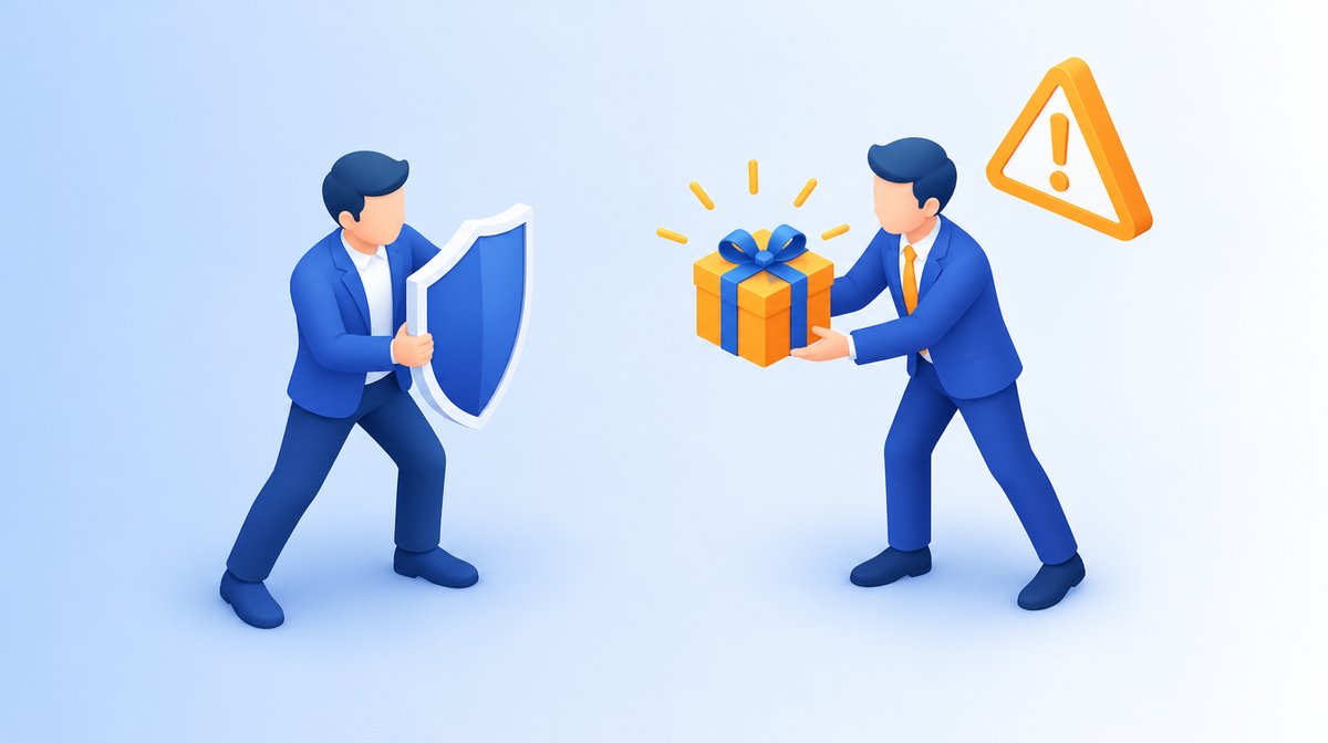 盾を構える経営者とプレゼントを差し出す営業担当、注意マークのイラスト
