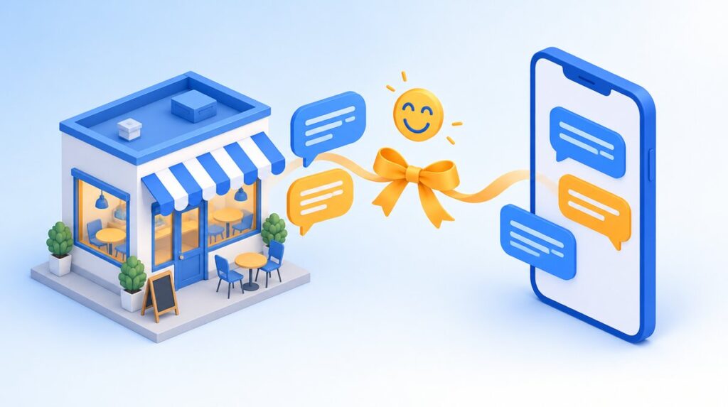 カフェの店舗とスマートフォンの間を吹き出しと笑顔のアイコンがつなぐ、口コミ返信の文体をイメージしたイラスト