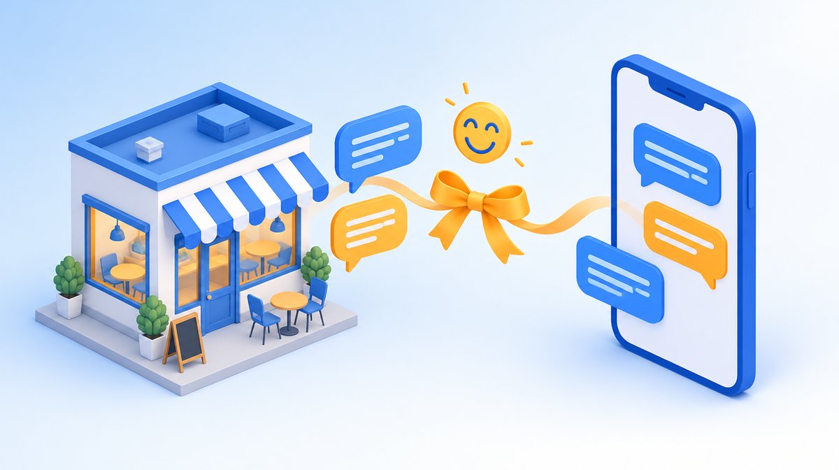 カフェの店舗とスマートフォンの間を吹き出しと笑顔のアイコンがつなぐ、口コミ返信の文体をイメージしたイラスト