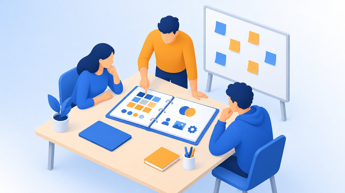 スタッフ3人が机を囲んでファイルを見ながら話し合う、返信ルールづくりのイラスト