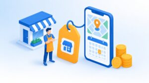 店主の横に値札とカレンダー付きの地図スマートフォン、積まれたコインが並ぶ、MEOツールの月額料金をイメージしたイラスト