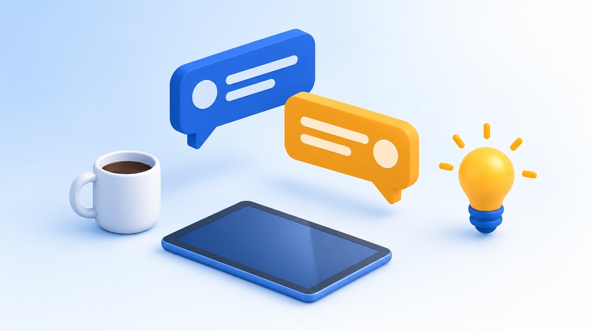 コーヒーカップとタブレットの上に吹き出しと電球が浮かぶ、よくある質問のイメージイラスト