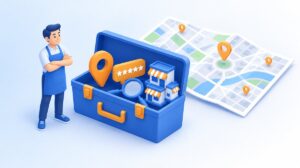 店主の横に地図ピン・星・虫眼鏡・小さな店舗が入った道具箱と街の地図が並ぶ、MEO対策ツールをイメージしたイラスト