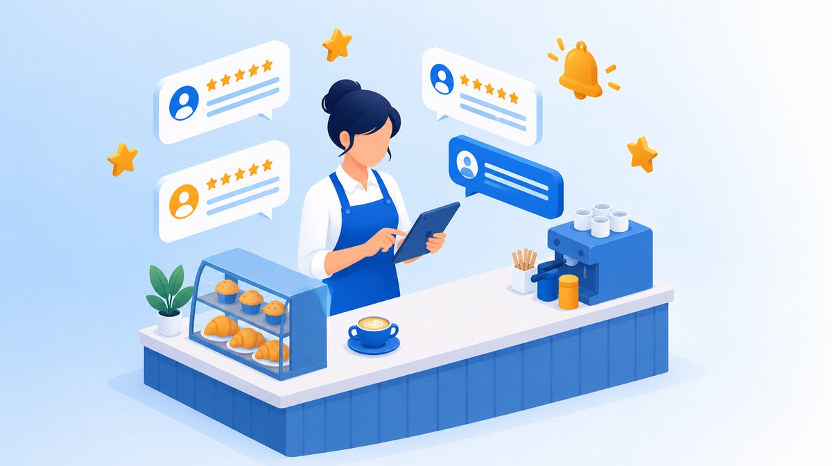 カフェの店主がタブレットで返信し、星の吹き出しと通知ベルが浮かぶ、口コミ管理ツールのイラスト