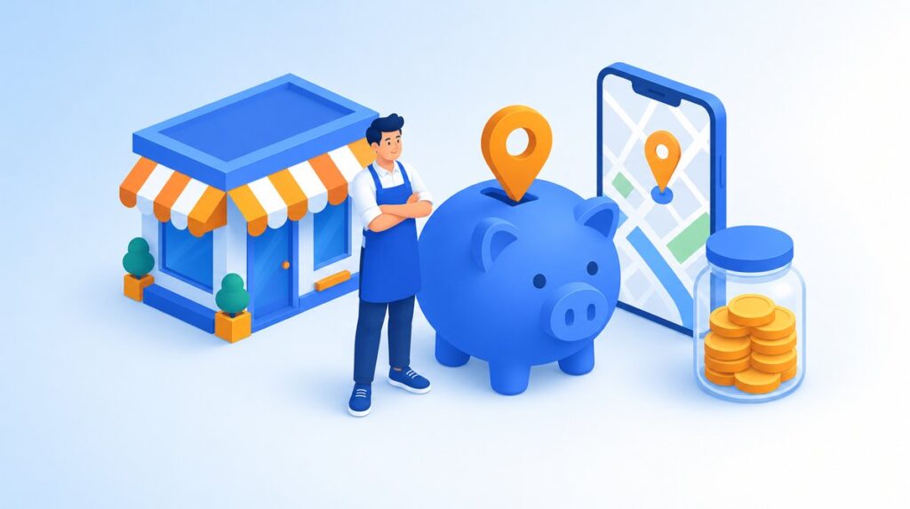 店舗の横で店主がブタの貯金箱と地図ピン、スマートフォンの地図を前に立つ、無料でできるMEO対策をイメージしたイラスト