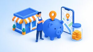 店舗の横で店主がブタの貯金箱と地図ピン、スマートフォンの地図を前に立つ、無料でできるMEO対策をイメージしたイラスト