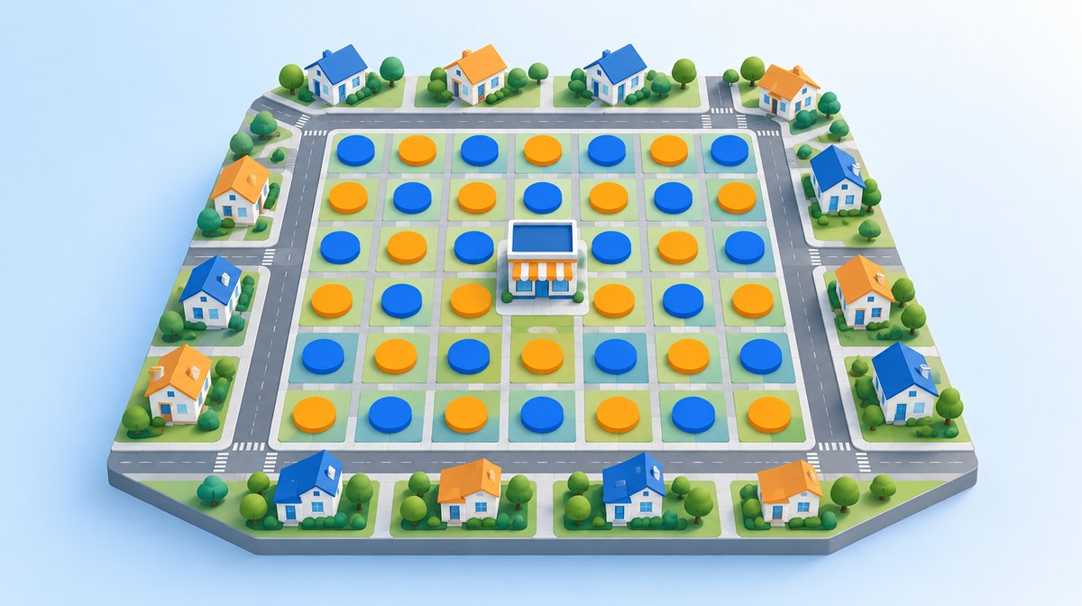 店舗を中心に住宅街を7×7の格子に区切り、青とオレンジの丸が並ぶ、グリッド計測を表すイラスト