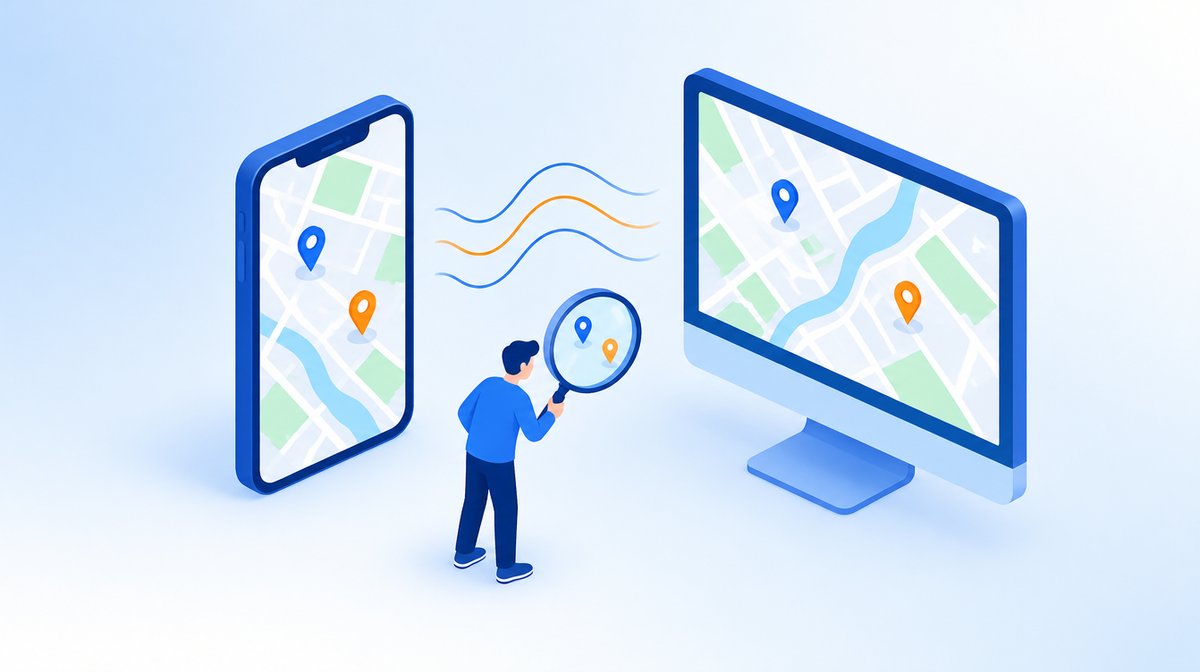スマートフォンとモニターの地図でピンの位置が少し違い、人が虫眼鏡で見比べている、計測のずれを表すイラスト