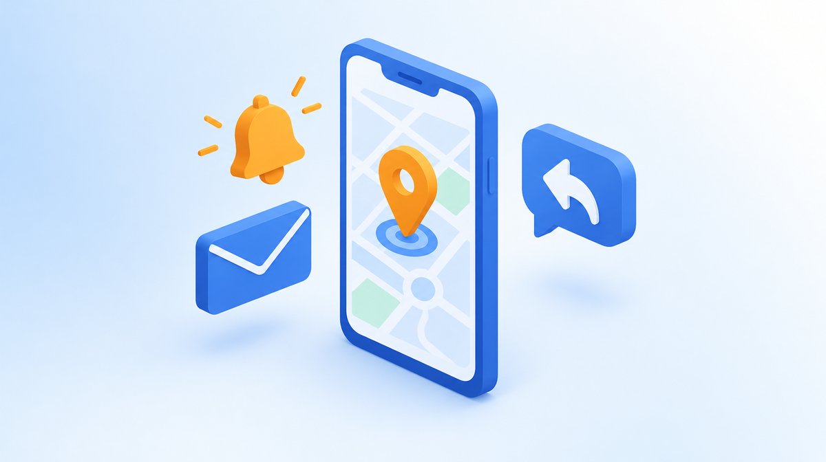 地図ピンが表示されたスマートフォンの横にベル・封筒・返信の吹き出しが浮かぶ、Google公式の無料機能のイラスト