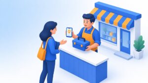 店主が工具箱と地図アプリのスマートフォンを担当者に手渡す、MEO代行への依頼のイメージイラスト