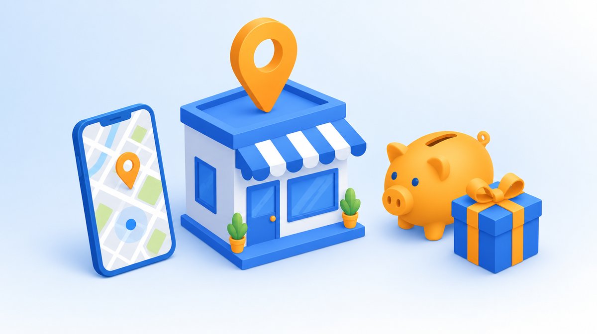 地図ピンを掲げた店舗とスマートフォン、貯金箱とプレゼント箱が並ぶ、Googleビジネスプロフィールは無料で使えることを表したイラスト