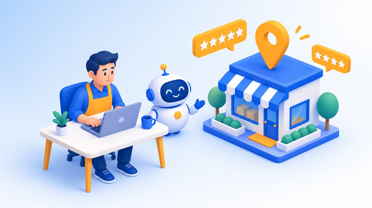 ノートパソコンで作業する店主の横にAIアシスタントのロボットが立ち、星の吹き出しと地図ピンの付いた店舗が並ぶ、MEO対策にAIを使うイメージのイラスト
