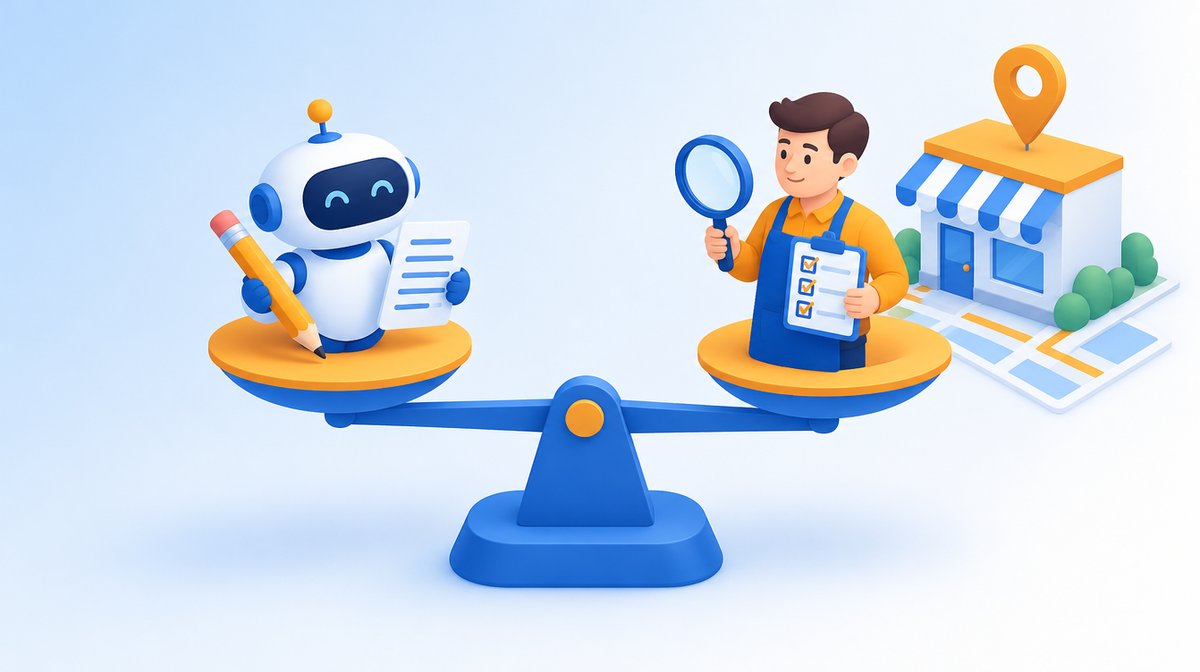 ペンと書類を持つロボットと、虫眼鏡とチェックリストを持つ店主が天秤に乗る、AIと人の役割分担のイラスト