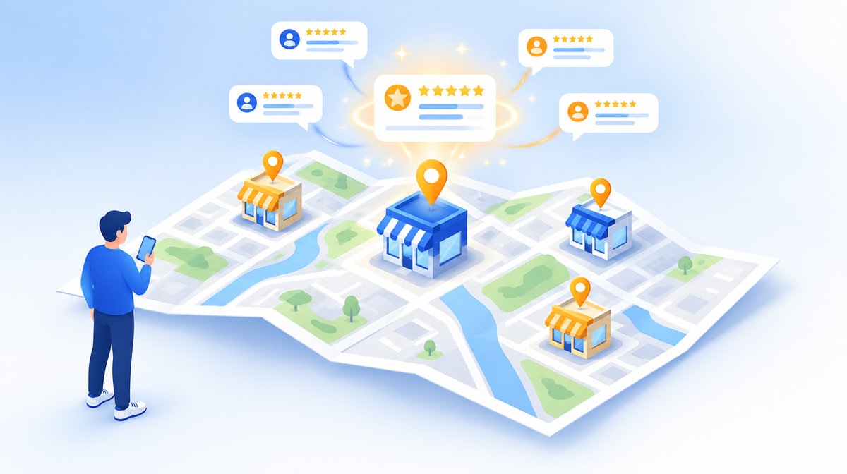 広げた町の地図に店舗と地図ピンが並び、光る球が口コミの吹き出しを1枚のカードにまとめ、スマートフォンを持つ人が見ている、Googleマップ側のAIのイラスト