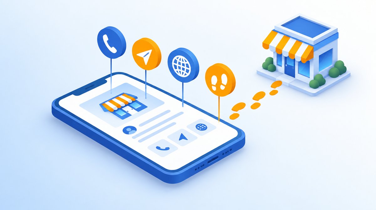 スマートフォンの店舗情報から電話・ルート・ウェブサイトのアイコンが浮かび、足あとが店舗へ続くイラスト