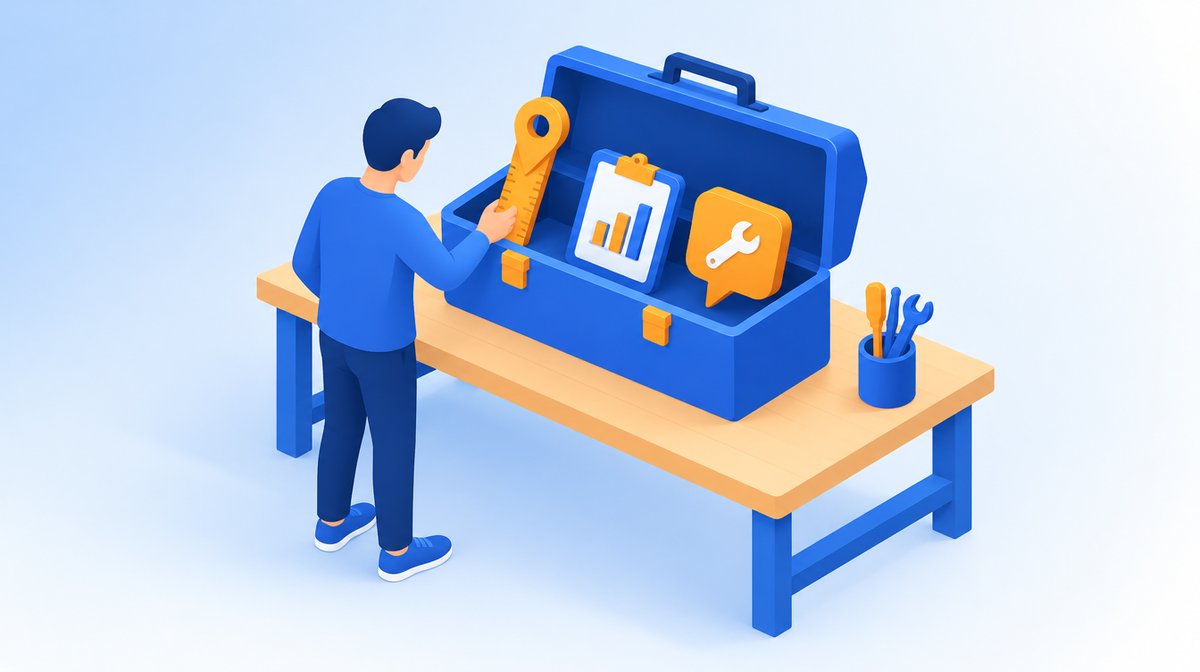 道具箱から計測や分析の道具を選ぶ人のイラスト、目的に合ったツールの使い分けのイメージ