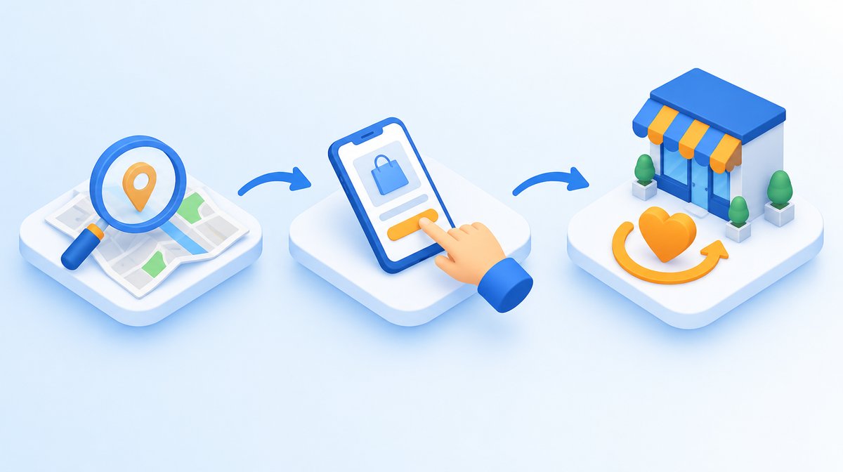 地図で見つける、スマートフォンで選ぶ、ハートの矢印でまた来店する、店舗集客の3段階のイラスト