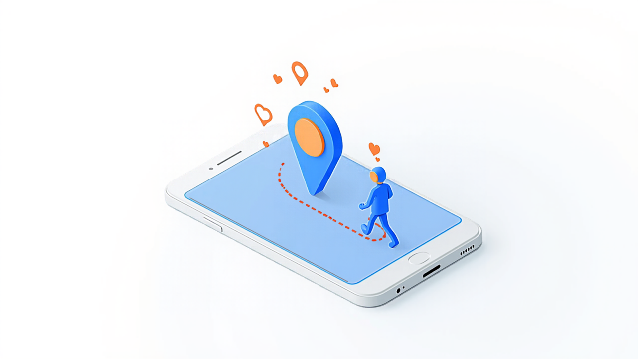 スマートフォンの地図上を人が歩きピンへ向かう、地図で見つけて来店する流れのイメージイラスト