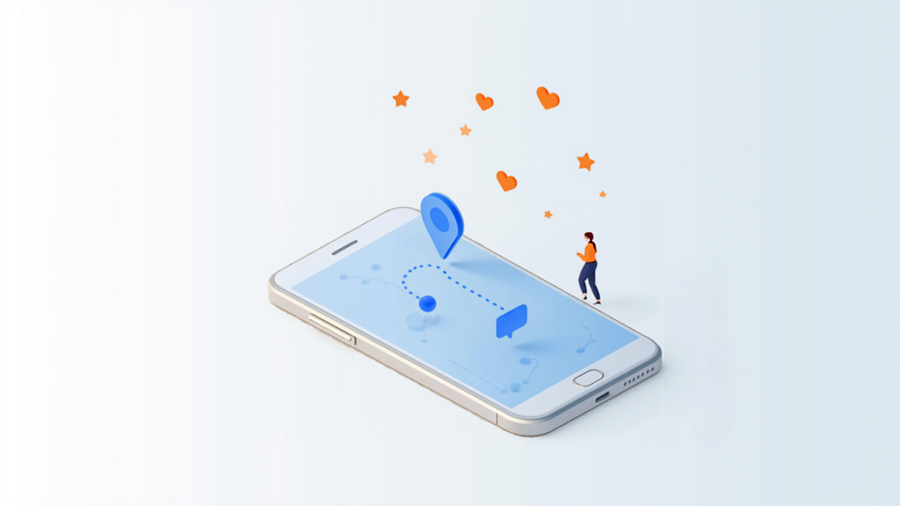 スマートフォンの地図に吹き出しアイコンと経路が描かれた、プロフィールからLINEへつなぐ導線のイメージイラスト