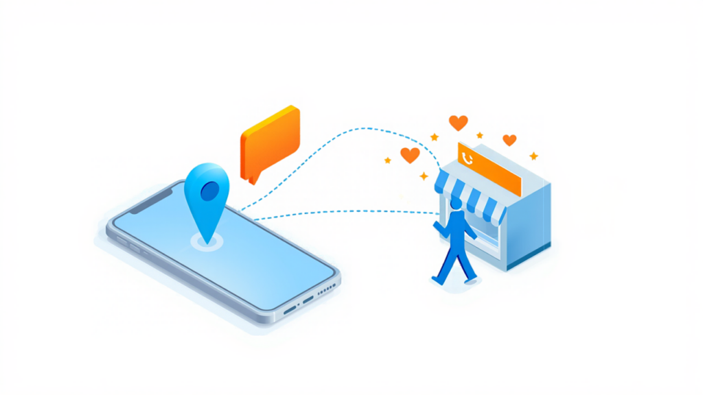 スマートフォンの地図ピンから吹き出しを経て店舗へ人が向かう、MEOとLINEで再来店につなぐイメージイラスト