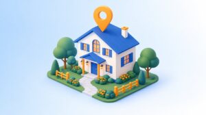屋根の上に地図のピンが立つ小さな宿の建物、小規模な宿泊施設のMEOをイメージしたイラスト