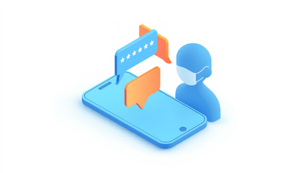 スマートフォンの口コミ吹き出しと、マスク姿の匿名ユーザーをイメージしたイラスト