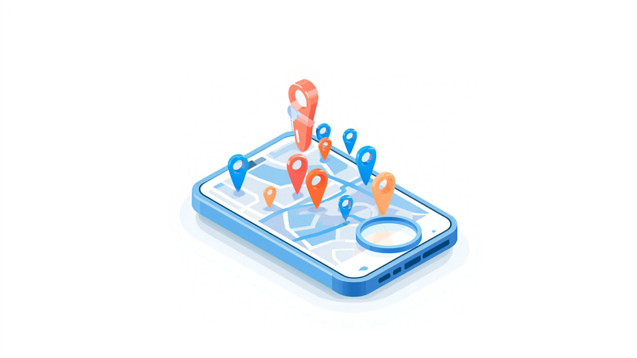地図アプリに複数のピンと虫眼鏡が表示されたスマートフォン、近くの施術所を比べて探すイメージイラスト