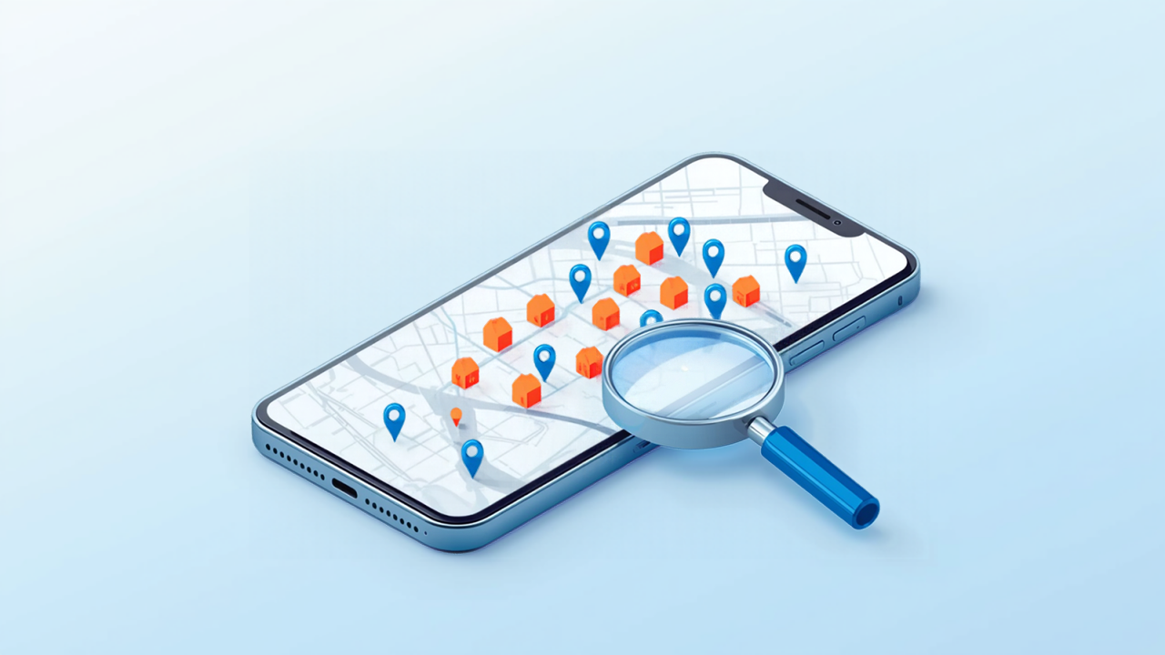 地図アプリに家のアイコンとピンが並ぶスマートフォンと虫眼鏡、近くの不動産会社を探すイメージイラスト