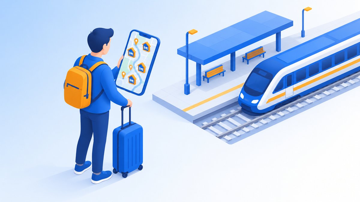 スーツケースを持った旅行者がスマートフォンの地図で宿を探す、駅のホームのイラスト