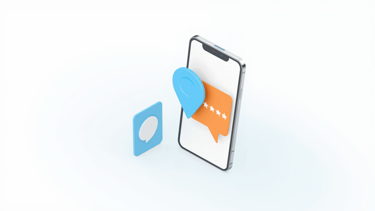 地図ピンと星評価の吹き出しが重なるスマートフォン、口コミの見え方の変化をイメージしたイラスト