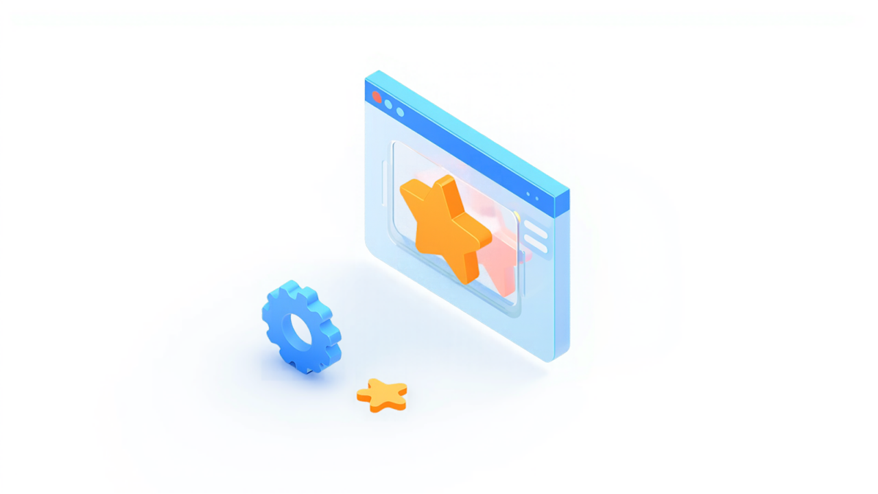 星のカードを表示するブラウザ画面と歯車が並ぶ、ウィジェットで口コミを自動表示するイメージイラスト