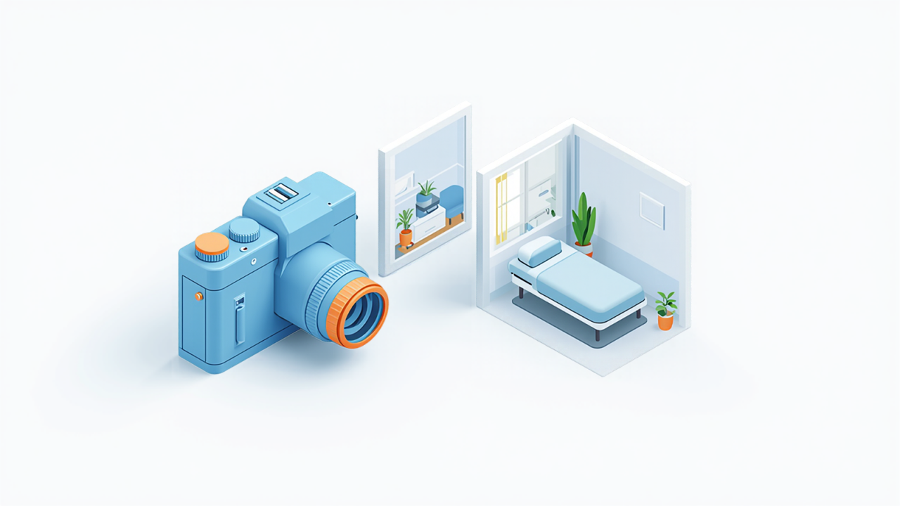 カメラと施術室の写真フレーム、院内写真の撮影と掲載をイメージしたイラスト