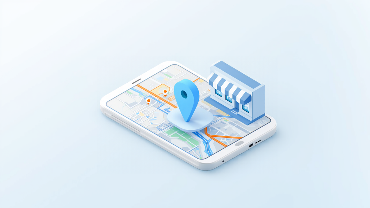 スマートフォンの地図上に店舗とピンが並ぶ、公開直後の確認のイメージイラスト