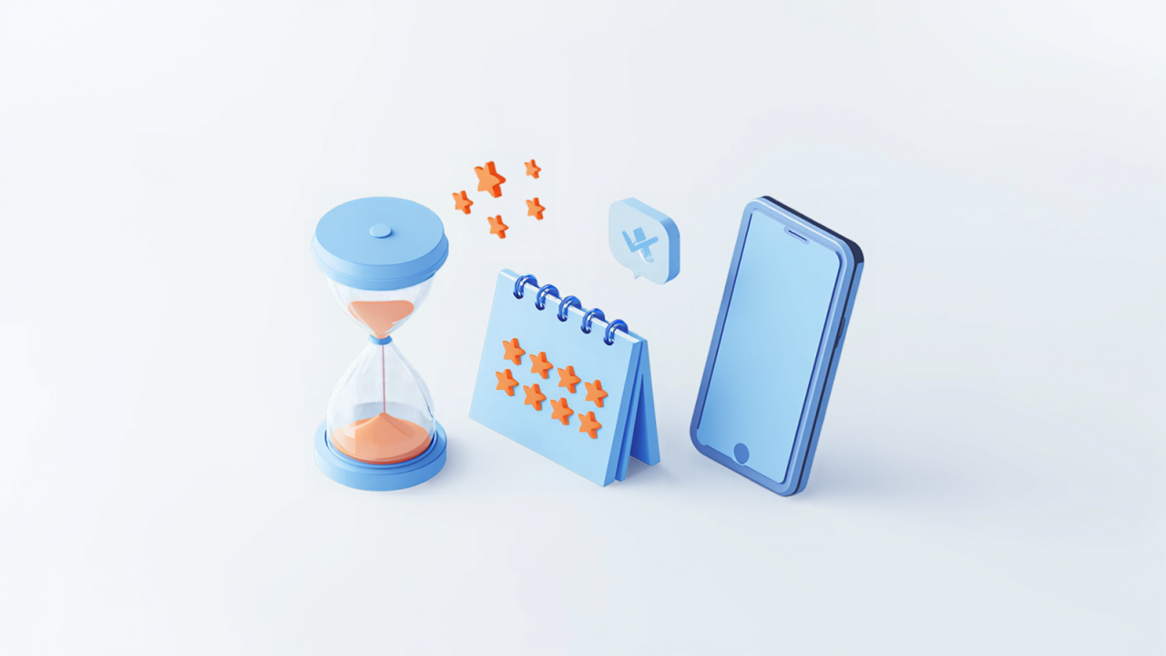 砂時計とカレンダー、スマートフォンが並ぶ、星評価を定期的に記録するイメージイラスト