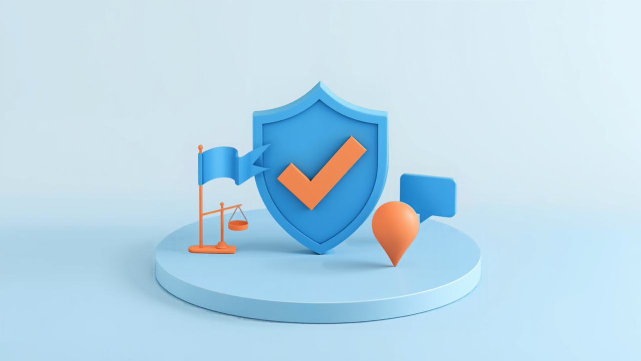 台座の上の盾と天秤・地図ピン・吹き出し、店側の日頃の備えをイメージしたイラスト